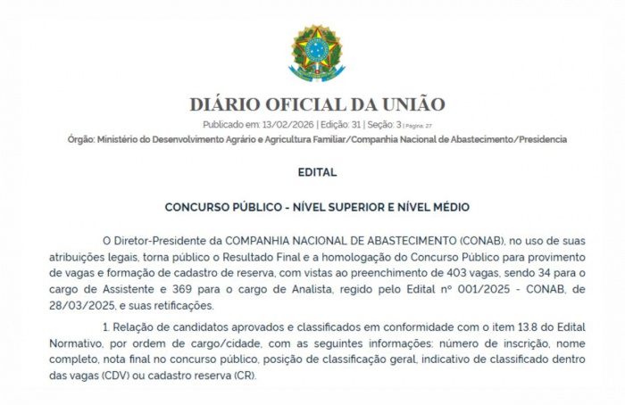 Conab publica resultado final de Concurso Público