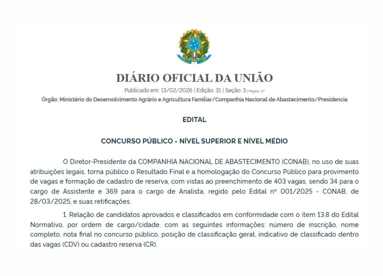 Conab publica resultado final de Concurso Público