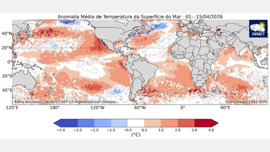 Desvio de TSM (°C) para a primeira quinzena de abril de 2026; elaboração: Inmet; fonte dos dados: CPC/NOAA