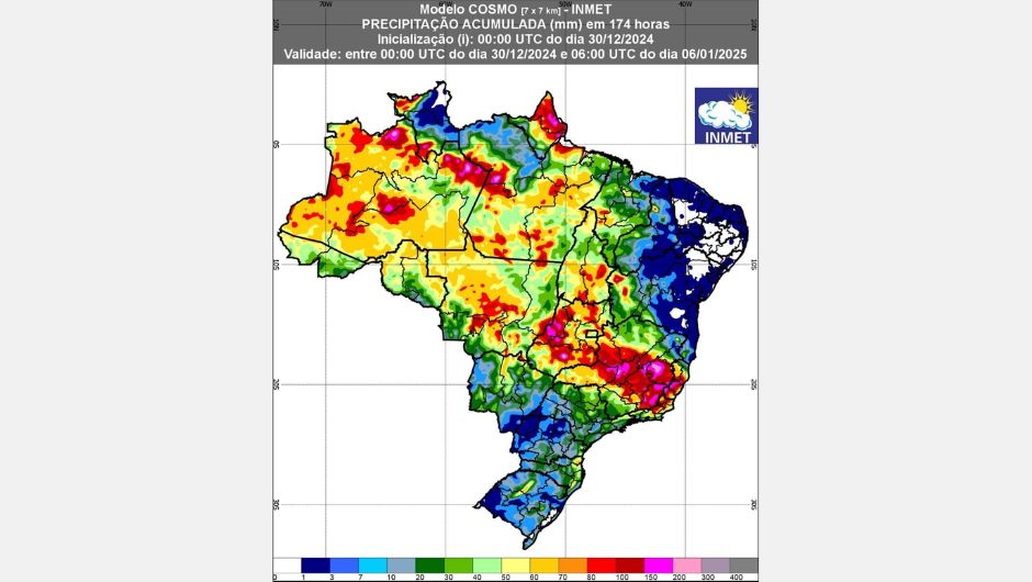 Figura 1: previsão de chuva (30 de dezembro de 2024 à 06 de janeiro de 2025); fonte: Inmet