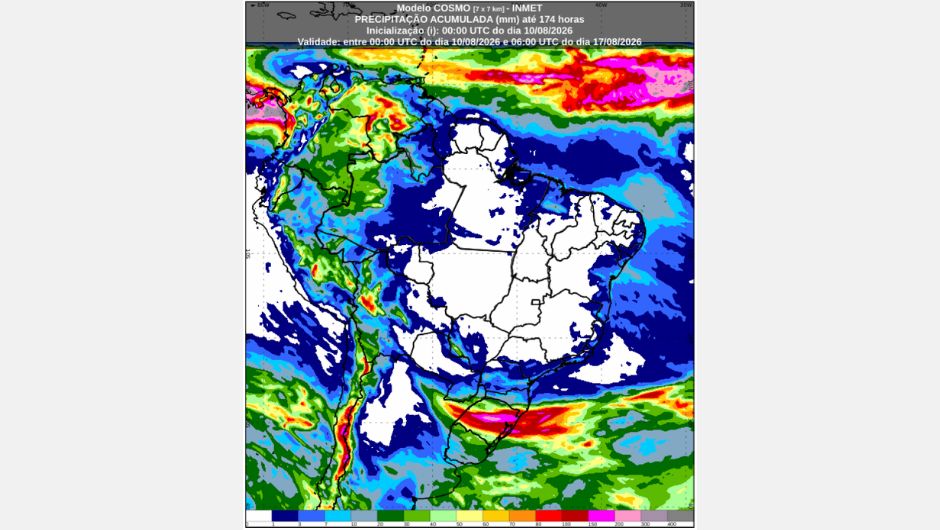 Previsão de chuva acumulada (10 a 17 de agosto de 2026); fonte: Inmet