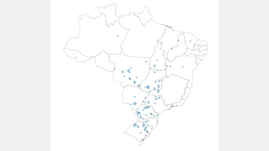 Os pontos em azul representam as unidades processadoras de soja