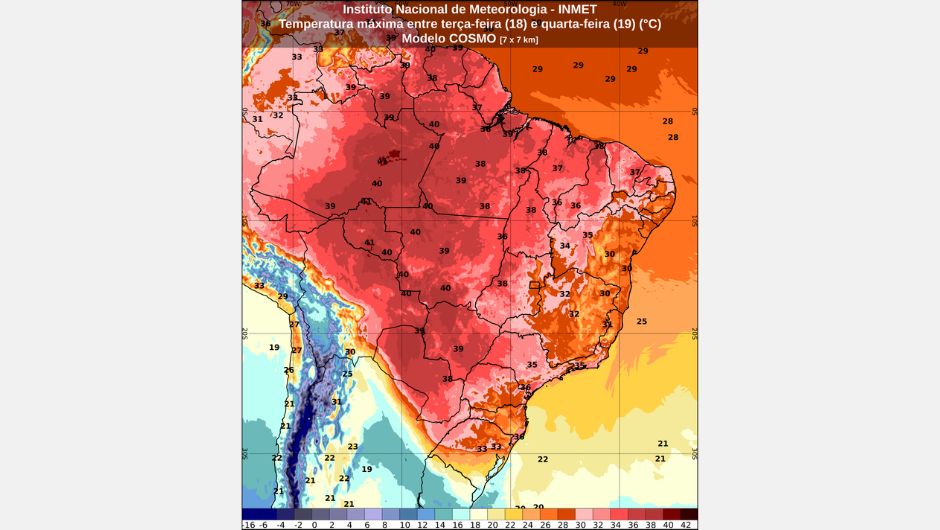 Previsão de temperatura máxima entre terça-feira (18) e quarta-feira (19); fonte: Inmet