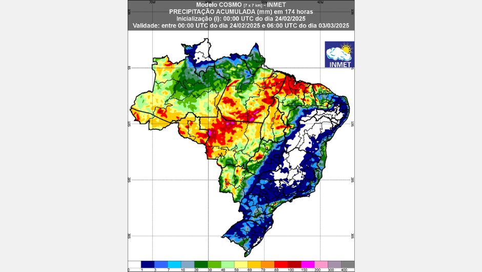 Figura 1: previsão de chuva (24 de fevereiro a 03 de março de 2025); fonte: Inmet