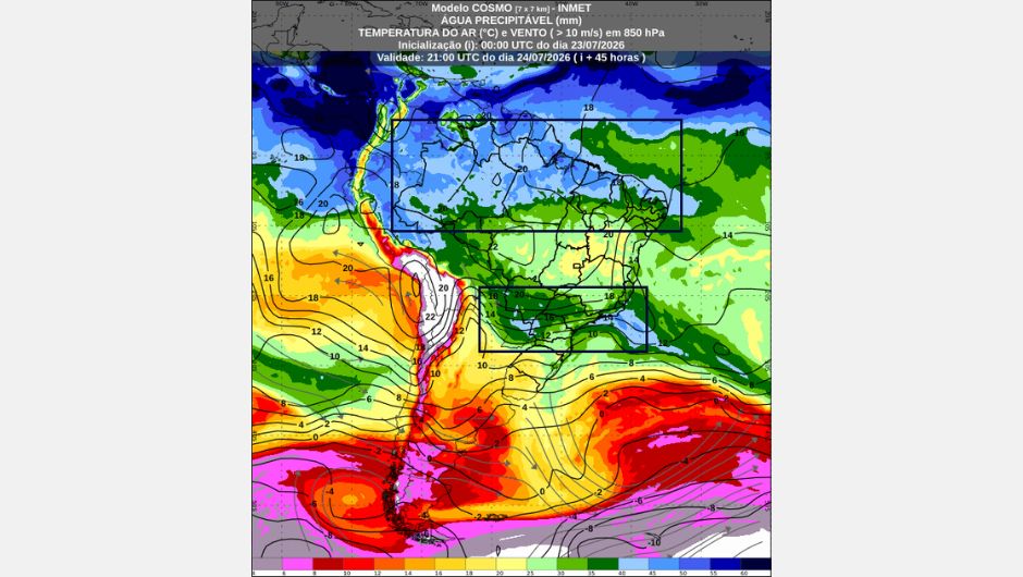 Previsão de água precipitável (mm), válida para as 18h (horário de Brasília) de 24 de julho de 2026; fonte: Inmet