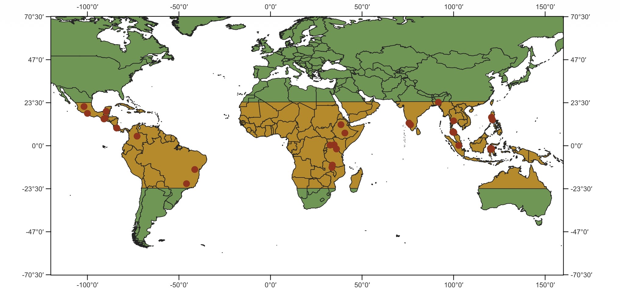 Mapa mostrando a distribuição geográfica dos 35 estudos incluídos na meta-análise, representados por pontos vermelhos. Há sobreposição espacial de estudos conduzidos nas mesmas regiões ou em regiões próximas. Os trópicos estão indicados em laranja -&nbsp;doi.org/10.1111/ele.70229