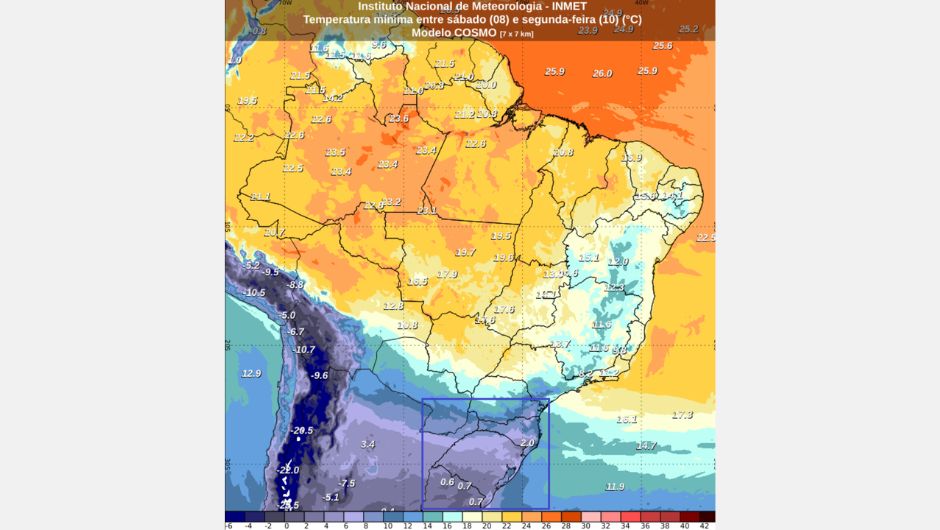Previsão de temperatura mínima entre sábado (8/8) e segunda-feira (10/8), destacando a queda acentuada da temperatura após o afastamento do ciclone extratropical
