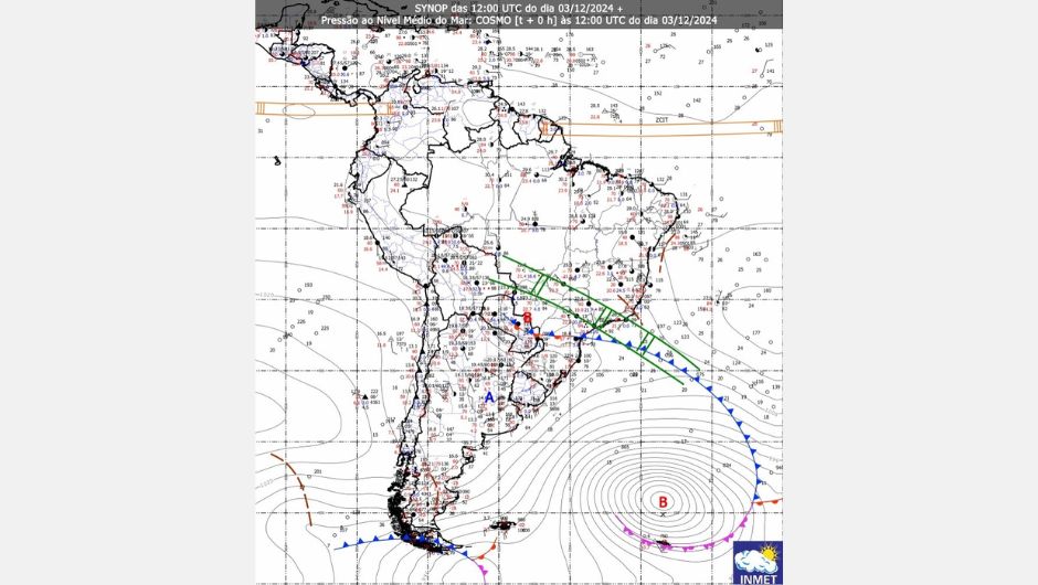 Figura 1: zona de Convergência do Atlântico Sul (ZCAS) – símbolo em verde, na carta sinótica referente às 9h do dia 03/12/2024, no horário de Brasília