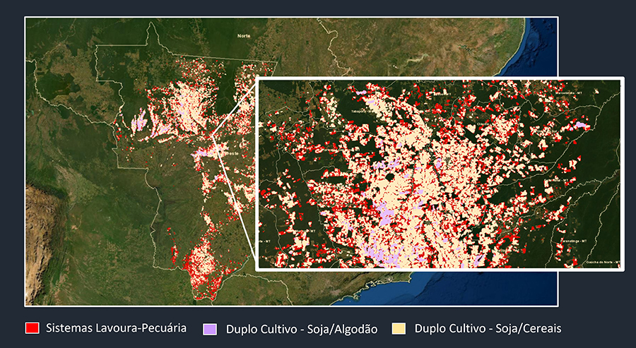 Figura 3: Mapa dos sistemas de integração lavoura-pecuária (ILP) e duplo-cultivo em Mato Grosso, no ano-safra 2018/2019.