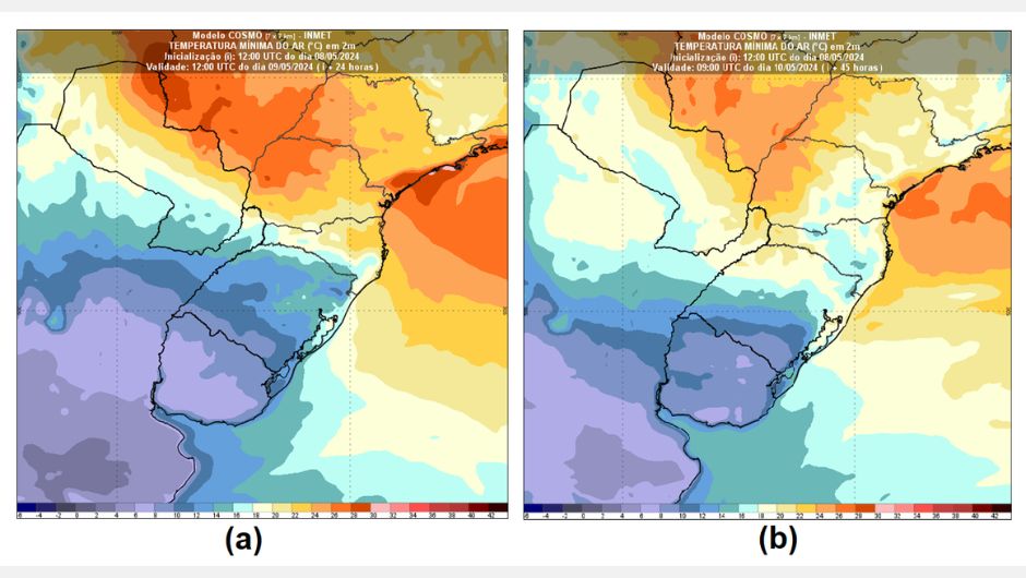 Figura 2: temperaturas mínimas (em °C ) previstas pelo modelo Cosmo-Inmet 7Km para quinta-feira (9) e sexta-feira (10)