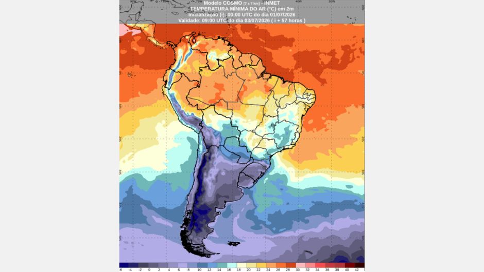 Temperatura mínima prevista para a manhã do dia 3/7/2026 do modelo Cosmo; fonte: Inmet