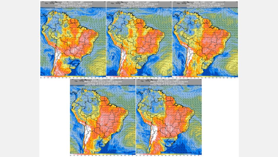 Figura 2: previsão de umidade relativa do ar (%) em 2 m e vento a 10 m (m/s) para a semana de 15 a 19 de setembro de 2025 às 15h (horário de Brasília); fonte: Inmet