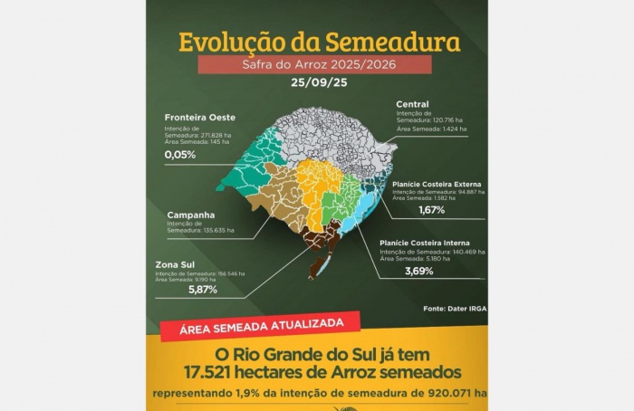 Semeadura de arroz no RS tem início lento na safra 2025/26