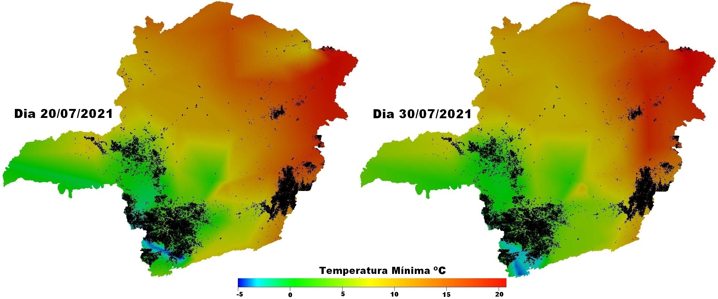 Figura 1. Temperaturas mínimas registradas nos dias 20 e 30 de julho de 2021 e áreas de cultivo de café em Minas Gerais. Fonte de dados: Geoportal do Café - Emater-MG e estações automáticas do INMET.