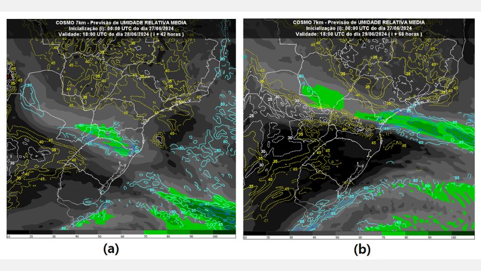 Figura 2: evolução da umidade prevista pelo modelo Cosmo – Inmet (sombreados verdes e linhas azuis): (a) às 15h da sexta-feira (28) e (b) às 15h do sábado (29)