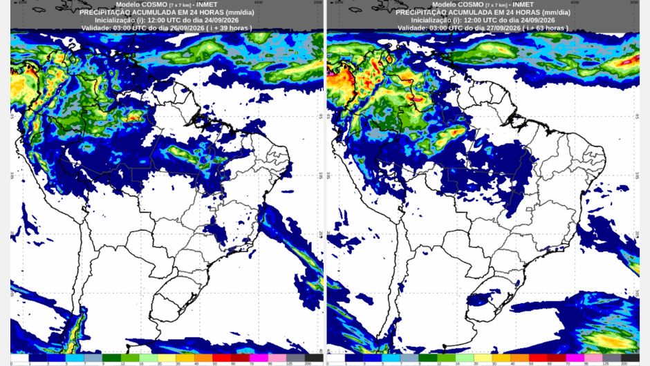 &nbsp;Previsão de precipitação acumulada (mm) na sexta-feira (25/9) e no sábado (26/9), conforme o modelo de previsão numérica do tempo Cosmo; fonte: Inmet