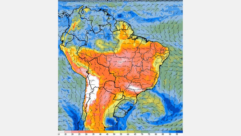 Figura 1: previsão de umidade relativa do ar (%) em 2 m e vento a 10 m (m/s) no dia 10 de julho de 2025; fonte: Inmet