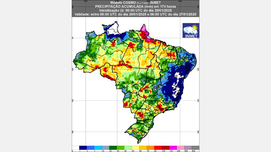 Figura 1: previsão de chuva (20 a 27 de janeiro de 2025); fonte: Inmet