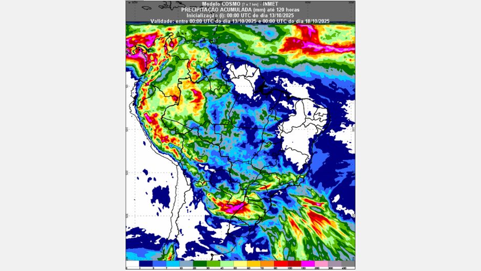 Figura 1: previsão de chuva acumulada (13 a 17 de outubro de 2025); fonte: Inmet