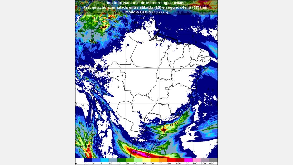 Previsão de chuva acumulada (mm) entre sábado (15) e segunda-feira (17); fonte: Inmet