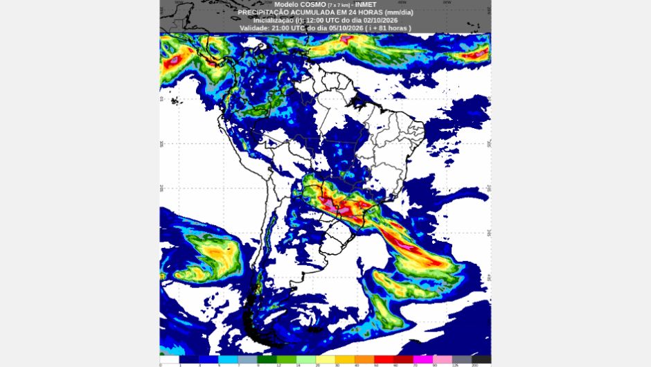 Previsão de acumulados de chuva entre sexta-feira (2/10) e o final da segunda-feira (5/10), conforme o modelo numérico de previsão de tempo Cosmo; fonte: Inmet