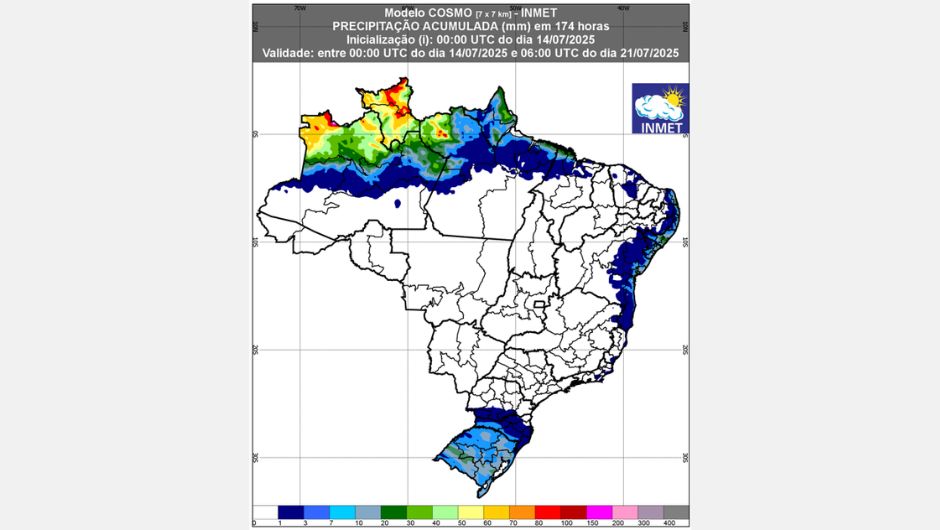 Figura 1: previsão de chuva acumulada (14 a 21 de julho de 2025); fonte: Inmet