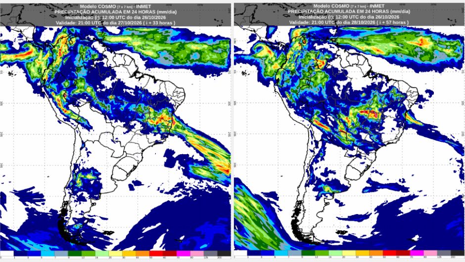 Previsão de acumulados de chuva de segunda-feira (26/10) até o fim de quarta-feira (28/10), conforme o modelo numérico de previsão do tempo Cosmo; fonte: Inmet
