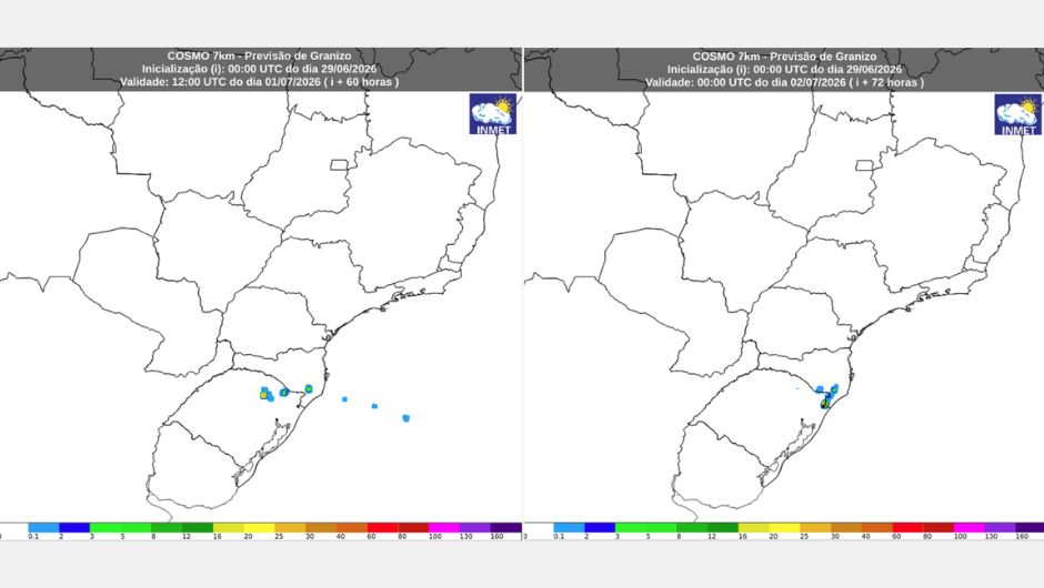 Possibilidade de granizo na manhã do dia 01/07/2026 e na noite do dia 01/07/2026 do modelo Cosmo; fonte: Inmet