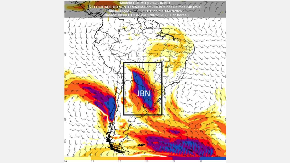 Mapa de velocidade máxima do vento no nível de 850 hPa (cerca de 1500 metros de altura) para o dia 16 de julho de 2026, proveniente do modelo de previsão numérica do tempo Cosmo