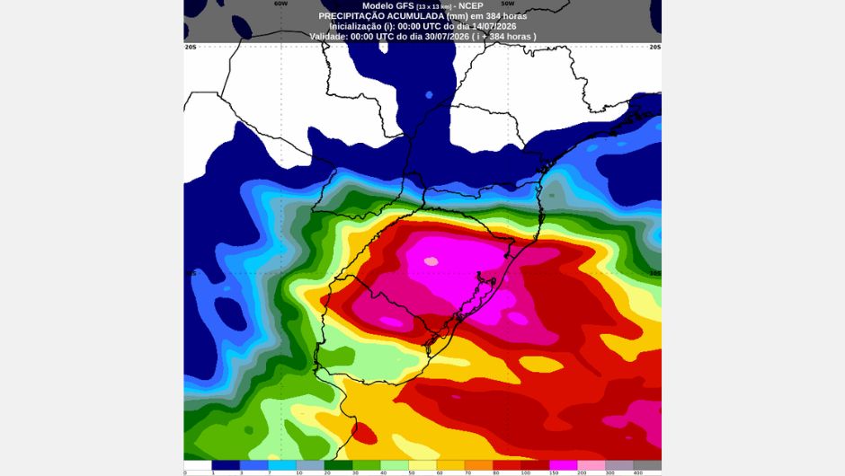 Previsão de precipitação acumulada (mm) para a Região Sul nos próximos 15 dias, obtida a partir do modelo Global Forecast System (GFS); fonte: Inmet