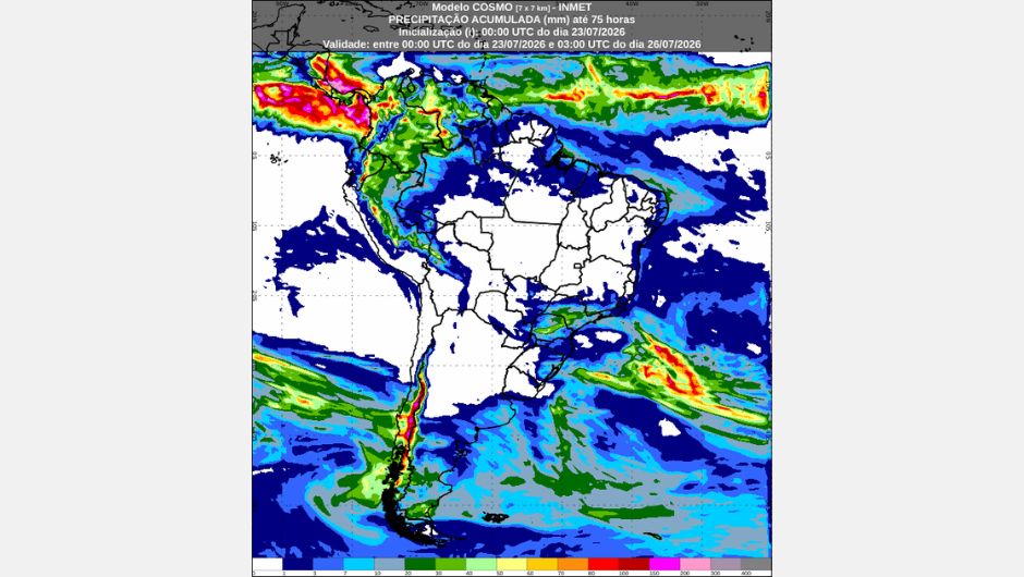 Previsão da precipitação acumulada (mm) entre 21h de 22 de julho de 2026 e 00h (horário de Brasília) de 26 de julho de 2026, obtida a partir do modelo de previsão numérica do tempo Cosmo; fonte: Inmet