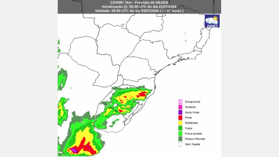 Previsão de geada para a manhã do dia 3/7/2026 do modelo Cosmo; fonte: Inmet