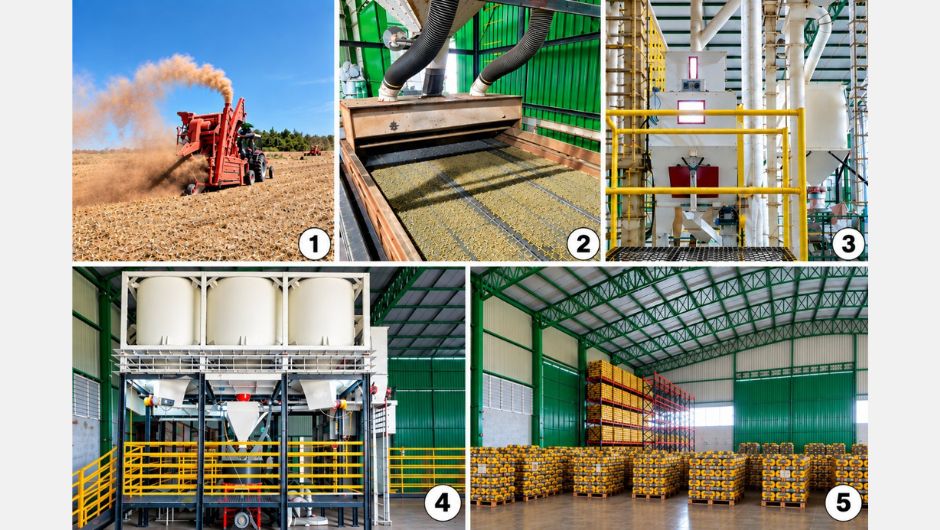 Figura 1: etapas do processo pós-colheita de sementes de brachiária; 1) colheita do campo de produção (método da varredura mecânica); 2) pré-limpeza – máquina de ar e peneiras ou mesa gravitacional; 3) máquina de coluna de ar (“cata torrão”); 4) revestimento (“Coater”); 5) armazenamento; fonte: Jacson Zuchi (09/2022)