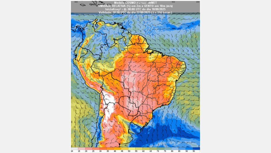 Figura 2: Previsão de umidade relativa do ar (%) em 2 m e vento a 10 m (m/s) no dia 22 de agosto de 2025; fonte: Inmet