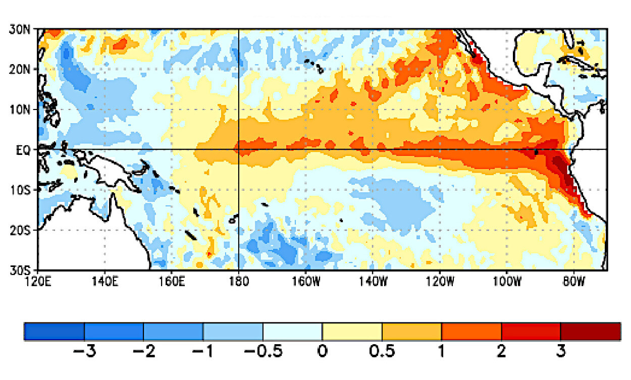 Anomalias médias da temperatura relativa da superfície do mar (°C) para a semana centrada em 3 de junho de 2026; as anomalias são calculadas em relação às médias semanais do período base de 1991-2020 - NOAA