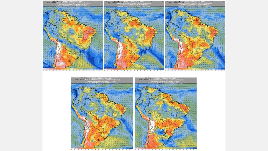 Figura 2: previsão de umidade relativa do ar (%) em 2 m e vento a 10 m (m/s) para a semana de 10 de novembro a 14 de novembro de 2025 às 15h (horário de Brasília); fonte: Inmet