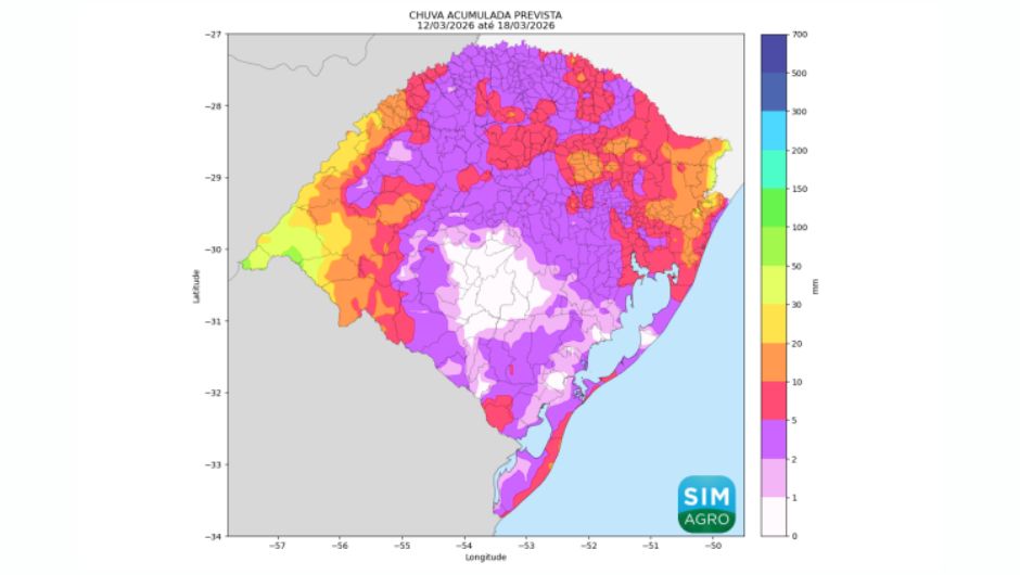 Chuva prevista (em mm) pelo modelo Icon do dia 12 de março até 18 de março de 2026