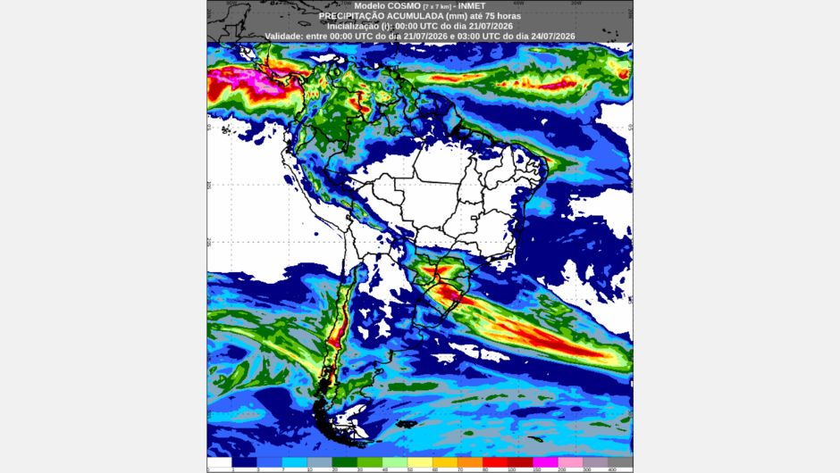 Previsão de pressão ao nível do mar às 3h (horário de Brasília) de quarta-feira, 22 de julho de 2026, obtida a partir do modelo de previsão numérica do tempo Cosmo; fonte: Inmet