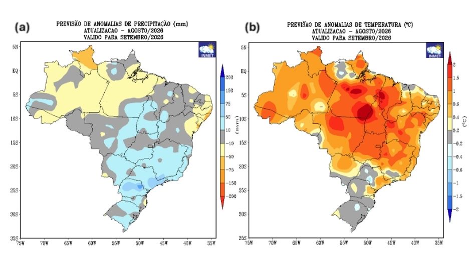 Previsão de desvios de (a) precipitação (mm) e (b) temperatura média do ar (°C) do modelo climático do Inmet para o mês de setembro de 2026