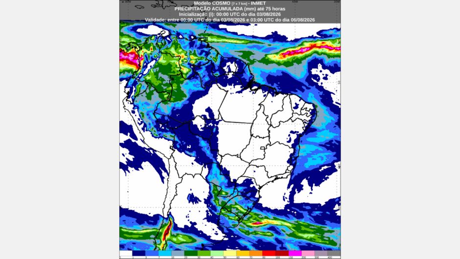 Previsão de precipitação acumulada (mm) até 0h (horário de Brasília) de quinta-feira, 6 de agosto de 2026, elaborada com base no modelo numérico de previsão do tempo Cosmo