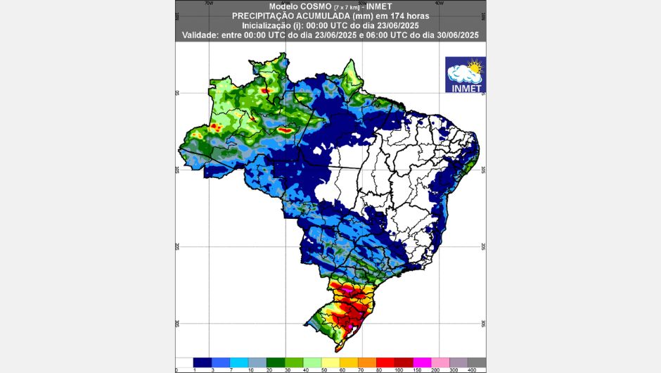 Figura 2: previsão de chuva (23 a 30 de junho de 2025); fonte: Inmet