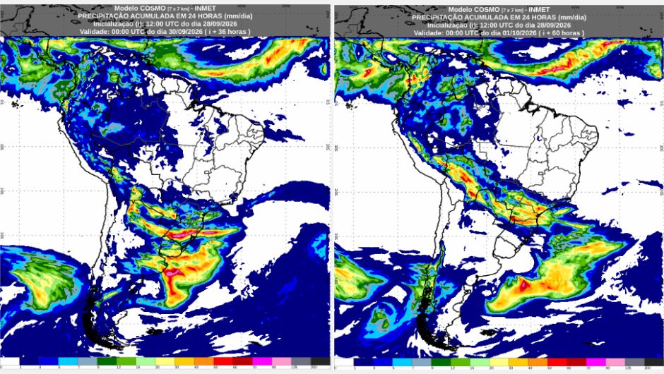 Previsão de acumulados de chuva de segunda-feira (28/9) até o fim de quarta-feira (30/9), conforme o modelo numérico de previsão de tempo Cosmo; fonte: Inmet