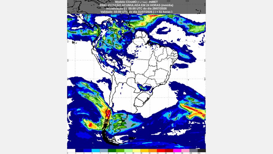 Previsão de precipitação acumulada (mm) para quinta-feira, 31 de julho de 2026, elaborada com base no modelo de previsão numérica de tempo Cosmo; fonte: Inmet