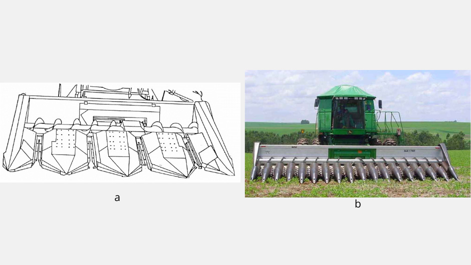 Figura 1: plataforma de corte para milho: (a) - Plataforma combinada (Fonte: Balastreire, 1990); (b) – plataforma de alumínio para milho da marca GTS