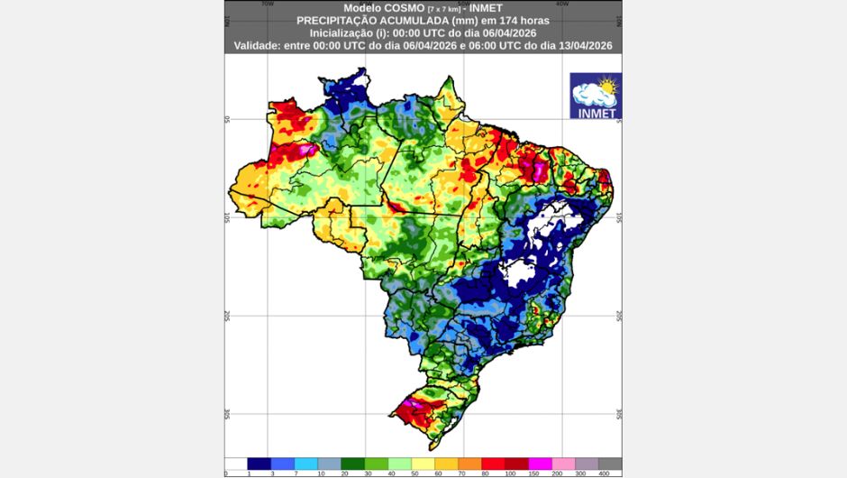 Figura 1: previsão de chuva acumulada (06 a 13 de abril de 2026); fonte: Inmet