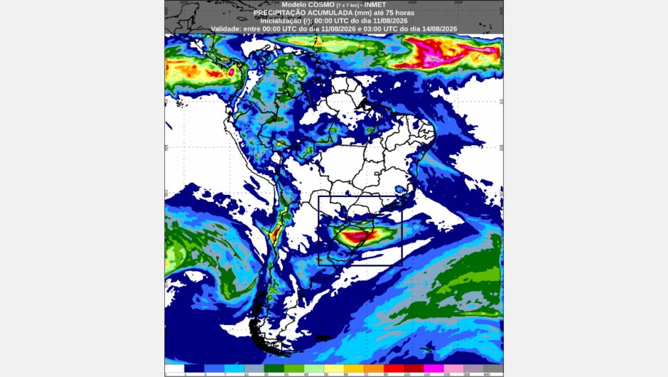 Previsão de chuva acumulada (mm) até as 0h (horário de Brasília) de sexta-feira, 14 de agosto de 2026; fonte: Inmet