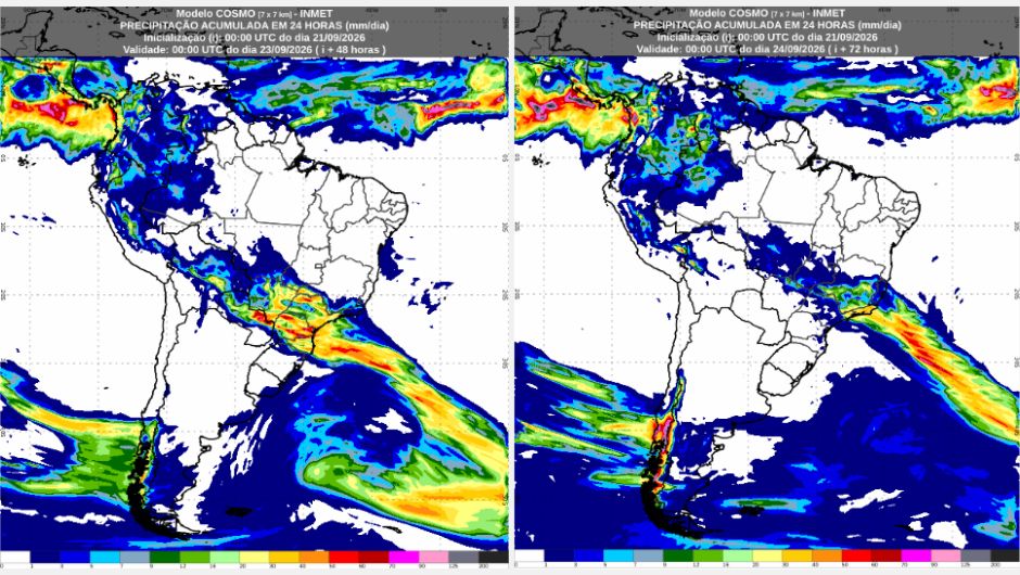 Previsão de chuva acumulada (mm) de segunda-feira (21/9) até o fim de quarta-feira (23/9), segundo o modelo numérico de previsão de tempo Cosmo