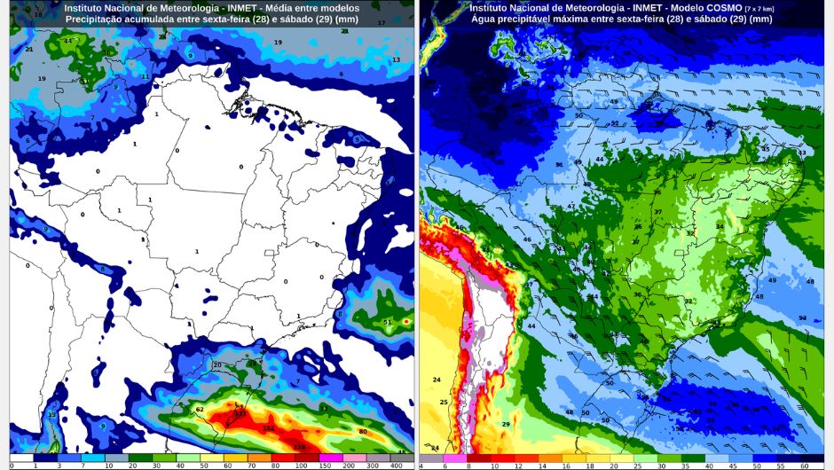 Previsão de chuva acumulada (mm) entre sexta-feira (28) e sábado (29) e previsão do valor máximo de água precipitável (mm) e das barbelas do vento médio em baixos níveis, entre sexta-feira (28) e sábado (29); fonte:&nbsp;Inmet
