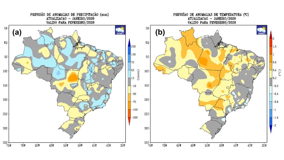 Figura 1: previsão de desvios de (a) precipitação (mm) e (b) temperatura média do ar (°C) do modelo climático do Inmet, para o mês de fevereiro de 2026