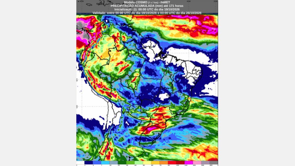 Previsão de chuva acumulada (19 a 26 de outubro de 2026); fonte: Inmet